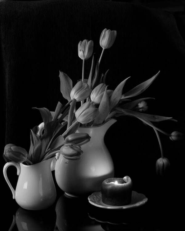 Still Life Poster featuring the photograph The Beauty of Tulips in Black and White by Sherry Hallemeier