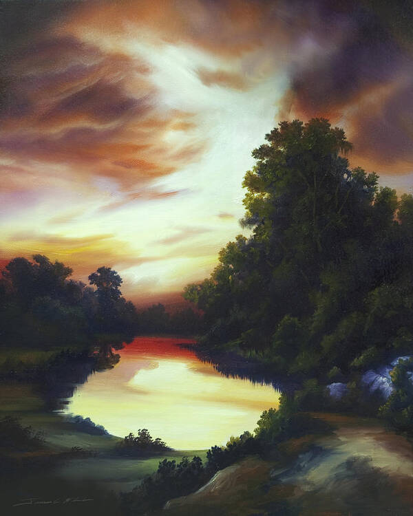 Nature; Lake; Sunset; Sunrise; Serene; Forest; Trees; Water; Ripples; Clearing; Lagoon; James Christopher Hill; Jameshillgallery.com; Foliage; Sky; Realism; Oils Poster featuring the painting Turner's Sunrise by James Hill