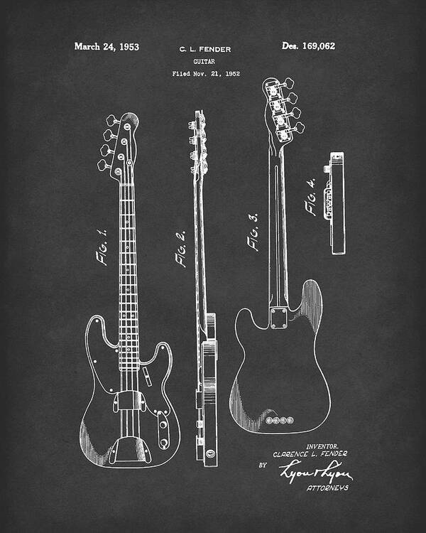 Fender Poster featuring the drawing Fender Bass Guitar 1953 Patent Art Black2 by Prior Art Design