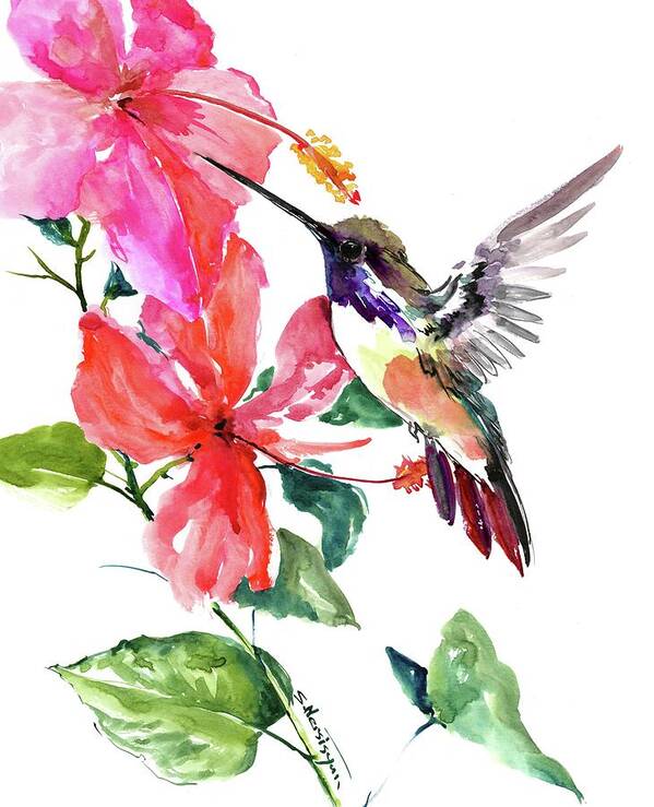 Hawai Poster featuring the painting Hibiscus and Hummingbird #1 by Suren Nersisyan