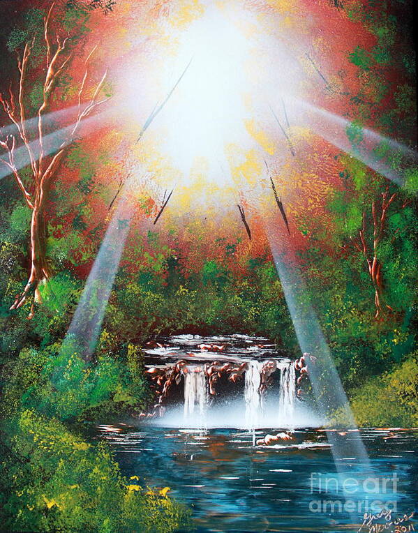 Sunset Poster featuring the painting Sunbeam Falls #1 by Greg Moores