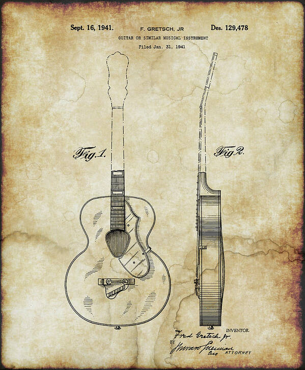 Guitar Patent Poster featuring the digital art Gretsch Guitar Patent by Doc Braham