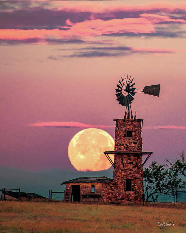 Windmill Poster featuring the photograph Windmill at Moonset #2 by Tim Kathka