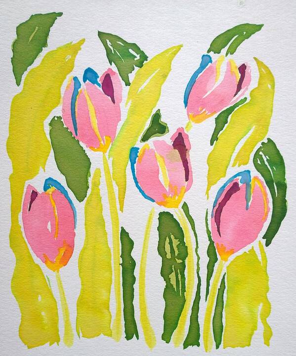 Art Poster featuring the painting 5 Pink Tulips Watercolor by Delynn Addams