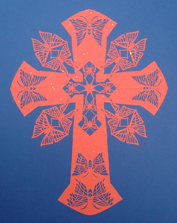 Beliefs Poster featuring the mixed media Red Butterfly-Cross #7 by Tong Steinle