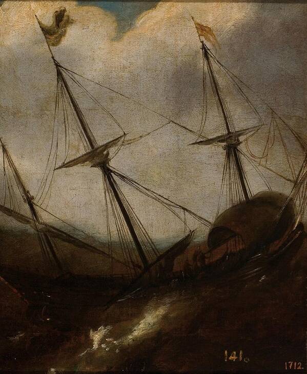 Anonymous Boat In A Storm Xvii Century. Poster featuring the painting Anonymous #9 by MotionAge Designs