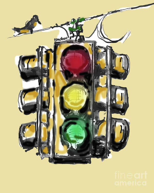 Traffic Poster featuring the painting A Bird And Traffic Light by Terry Banderas