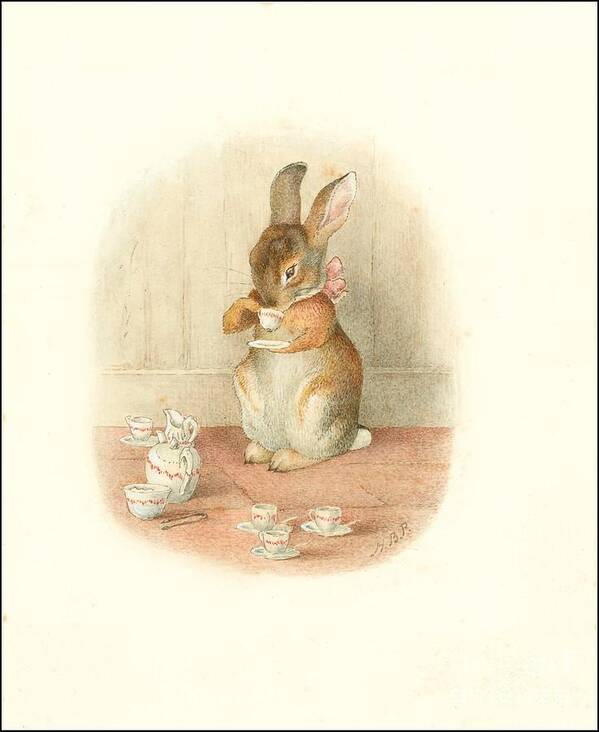 A Rabbit's Tea Party - Beatrix Potter Poster featuring the painting A Rabbit's Tea Party by Celestial Images