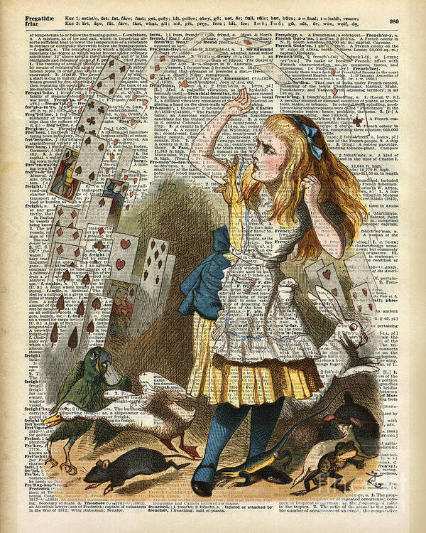 Alice In The Wonderland Poster featuring the drawing Alice in the wonderland on a vintage dictionary book page by Anna W