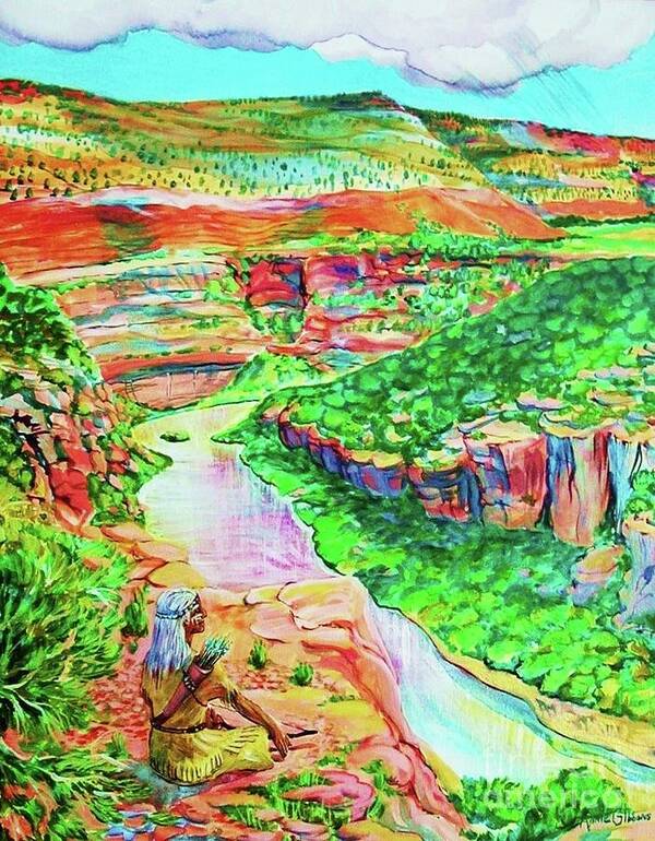 Dolores River Basin Hwy 414 Southwestern Colorado Fantasy Of Anasazi Indian Sitting On Cliff Viewing The River Poster featuring the painting Ancient One views river by Annie Gibbons