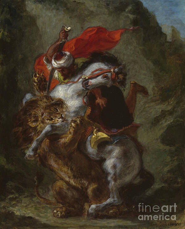 Arab Horseman Attacked By A Lion Poster featuring the painting Arab Horseman Attacked by a Lion by Eugene Delacroix