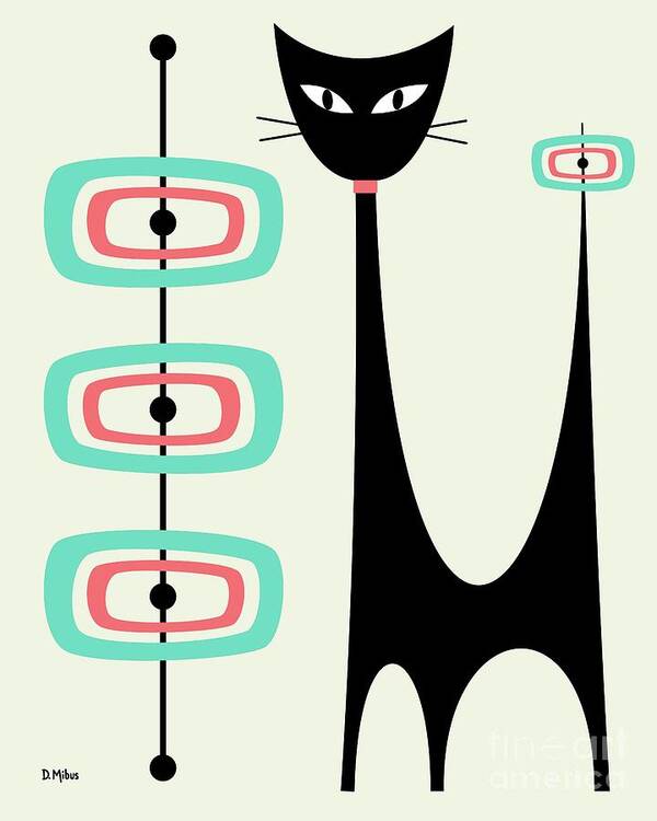 Mid Century Modern Poster featuring the digital art Atomic Cat Orbs Aqua and Pink on Cream by Donna Mibus