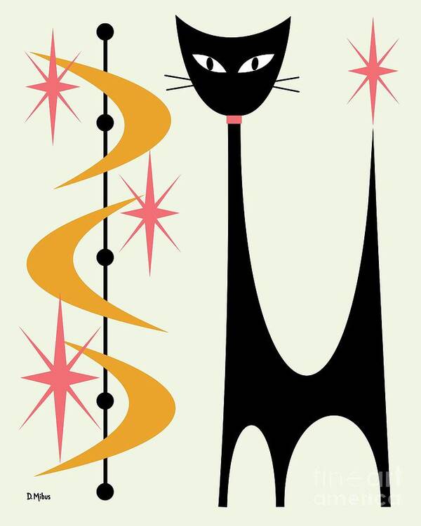 Mid Century Modern Poster featuring the digital art Atomic Cat Pink and Gold on Cream by Donna Mibus