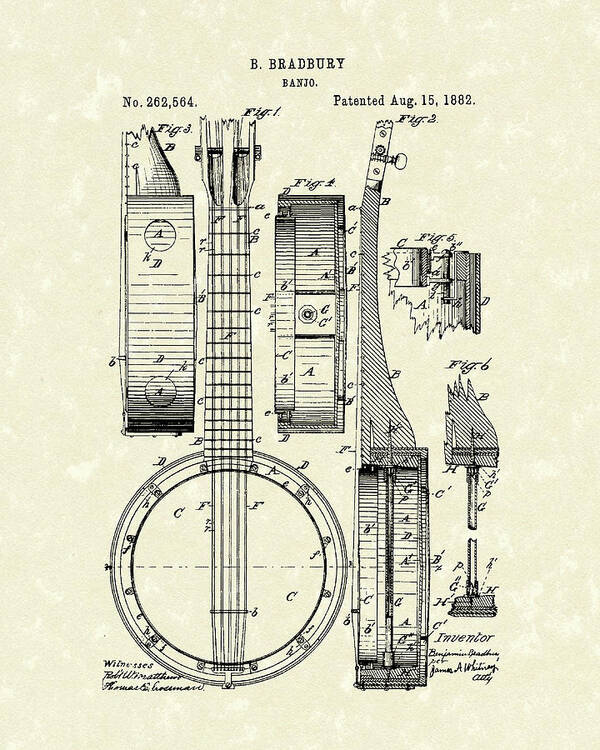 Bradbury Poster featuring the drawing Banjo 1882 Patent Art by Prior Art Design