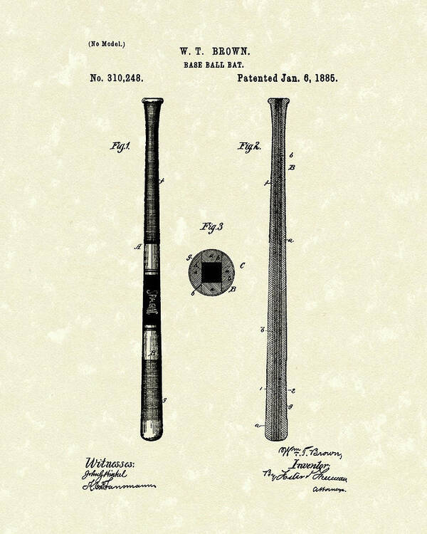 Baseball Poster featuring the drawing Baseball Bat 1885 Patent Art by Prior Art Design