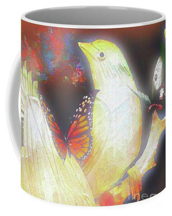 Coffee Mug Photograph Of Bird And Butterflies Poster featuring the digital art Bird and Butterflies Coffee Mug by Gayle Price Thomas