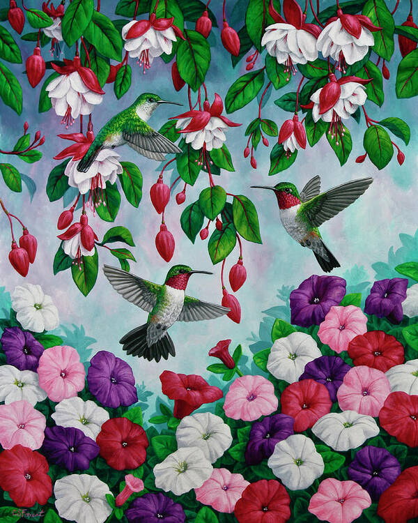 Bird Poster featuring the painting Bird Painting Hummingbird and Spring Flowers by Crista Forest