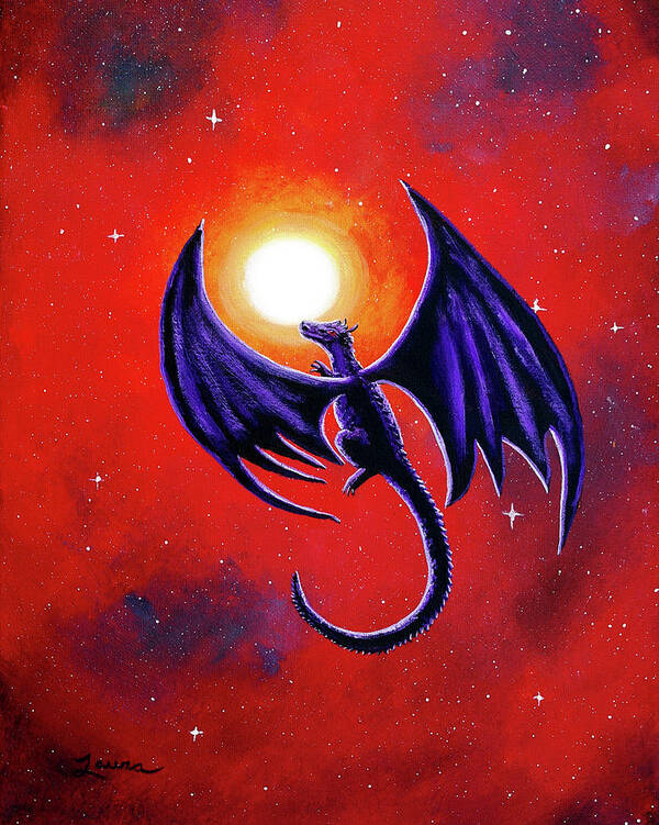 Dragon Poster featuring the painting Black Dragon in a Red Sky by Laura Iverson
