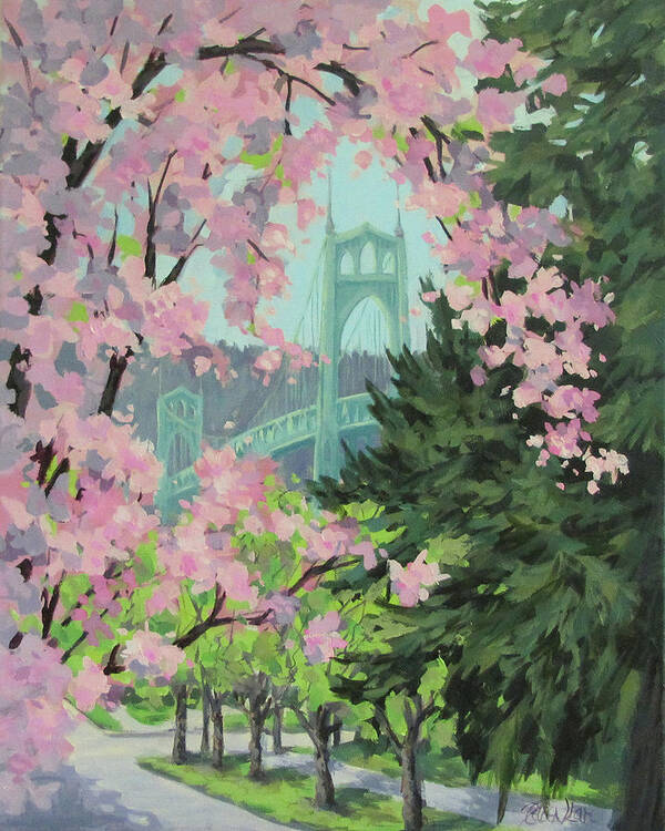 Bridge Poster featuring the painting Blossoming Bridge by Karen Ilari