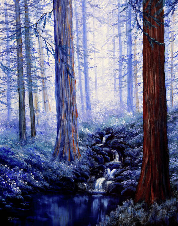 Redwoods Poster featuring the painting Blue Misty Morning in the Redwoods by Laura Iverson