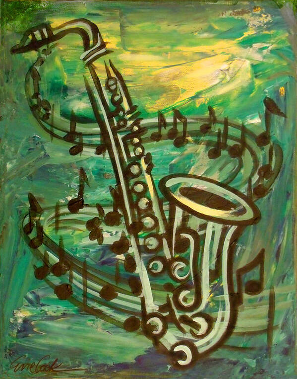 Saxophone Poster featuring the digital art Blues Solo in Green by Evie Cook