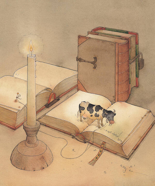 Science Books Cow Candle Reading Poster featuring the painting Bookish Cow by Kestutis Kasparavicius