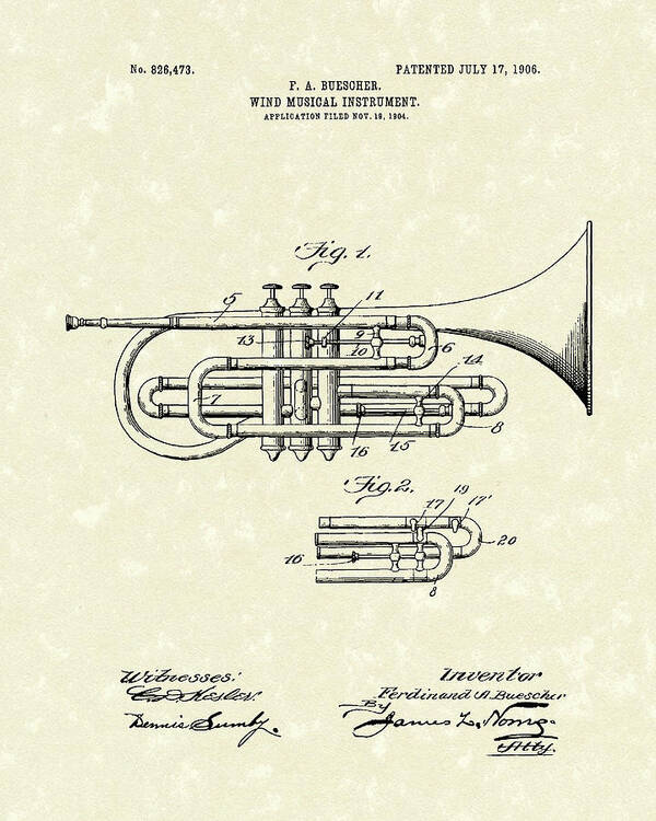 Music Poster featuring the drawing Brass Musical Instrument 1906 Patent by Prior Art Design