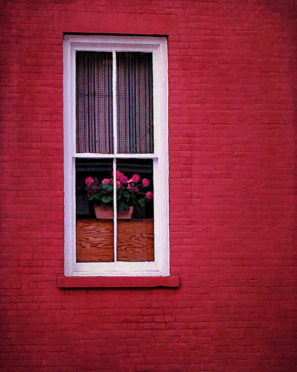 Red Poster featuring the photograph Brick Wall and Window by Cathy Kovarik