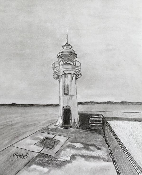 Pencil Poster featuring the drawing Brixham lighthouse by Tony Clark