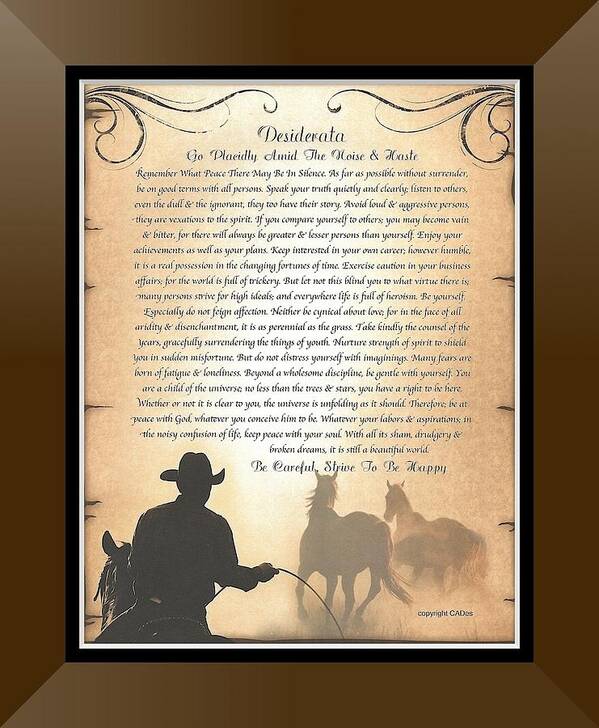 Desiderata Poster featuring the mixed media Bronze Framed Western DESIDERATA Poem by Desiderata Gallery