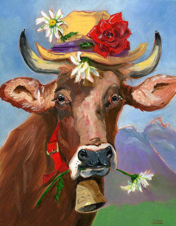 Cows Poster featuring the painting Brown Swiss in Summer Hat by Susan Thomas