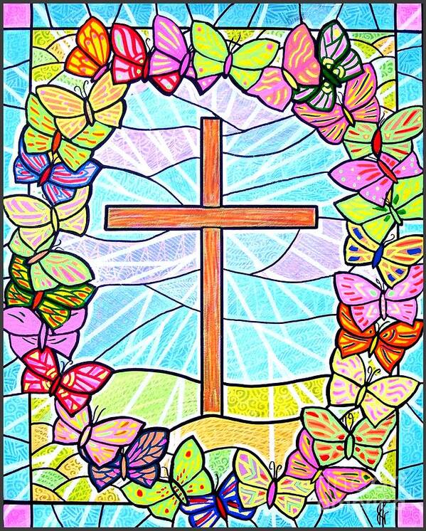 Easter Poster featuring the painting Butterflies and Cross by Jim Harris