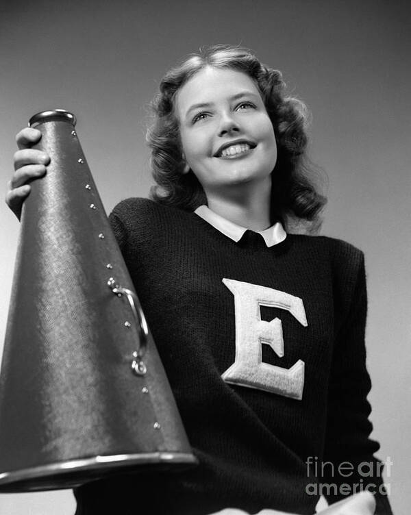 1940s Poster featuring the photograph Cheerleader With Megaphone, C.1940s by H. Armstrong Roberts/ClassicStock