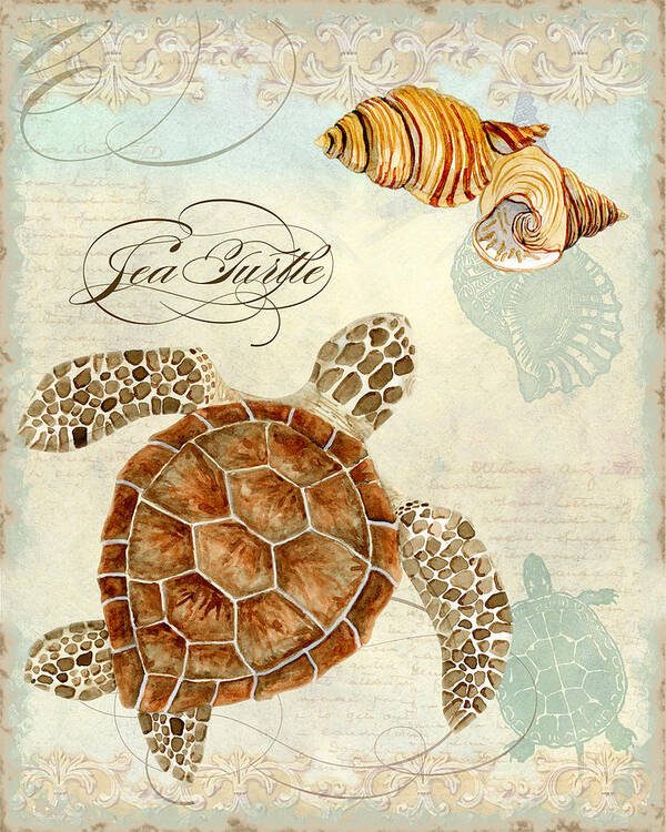 Watercolor Poster featuring the painting Coastal Waterways - Green Sea Turtle Rectangle 2 by Audrey Jeanne Roberts