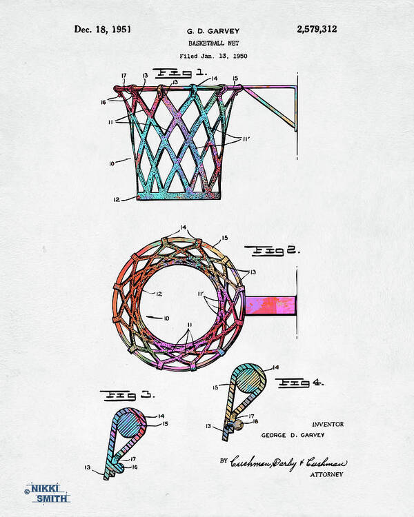 Basketball Poster featuring the digital art Colorful 1951 Basketball Net Patent Artwork by Nikki Marie Smith