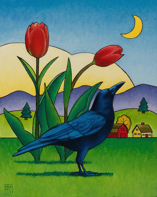 Crow Poster featuring the painting Crow with Red Tulips by Stacey Neumiller
