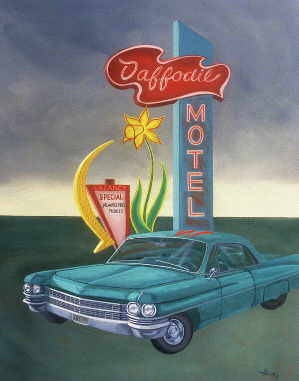 Roadside Attractions Poster featuring the painting Daffodil Motel by Sally Banfill