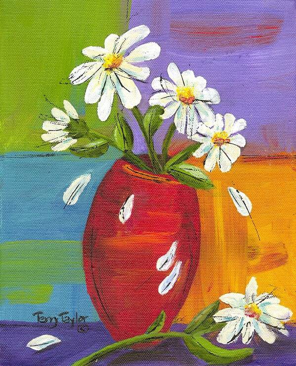 Daisy Poster featuring the painting Daisies in a Red Vase by Terry Taylor
