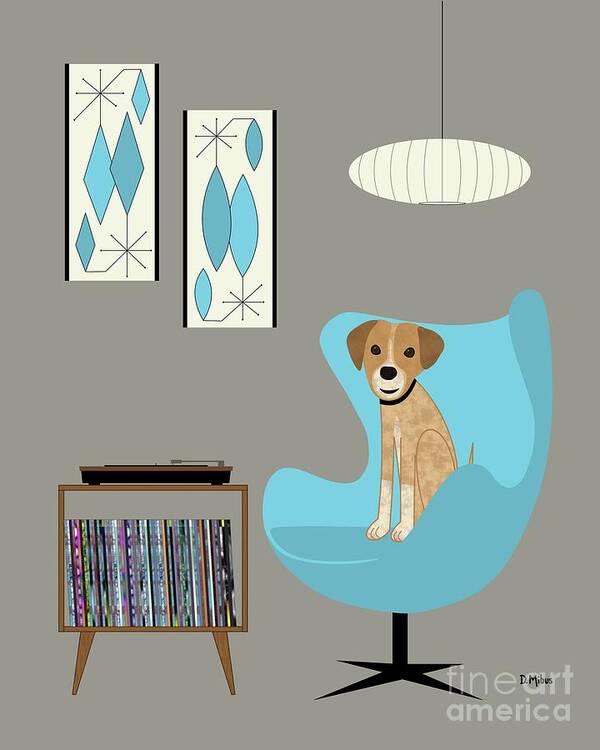 Mid Century Chair Poster featuring the digital art Dog in Egg Chair by Donna Mibus