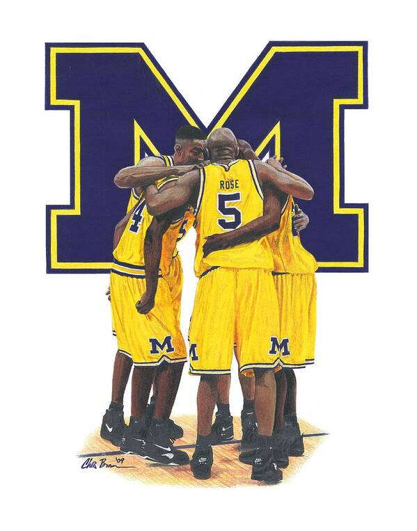 Michigan Wolverines Poster featuring the drawing Fab Five by Chris Brown