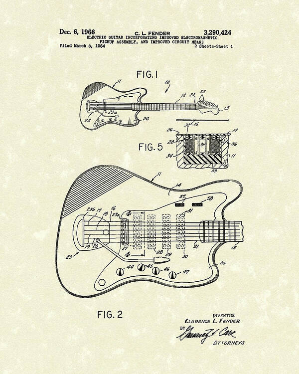 Fender Poster featuring the drawing Fender Guitar 1966 Patent Art by Prior Art Design