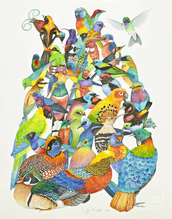 Colorful Birds Poster featuring the painting Festive Flock by Lucy Arnold