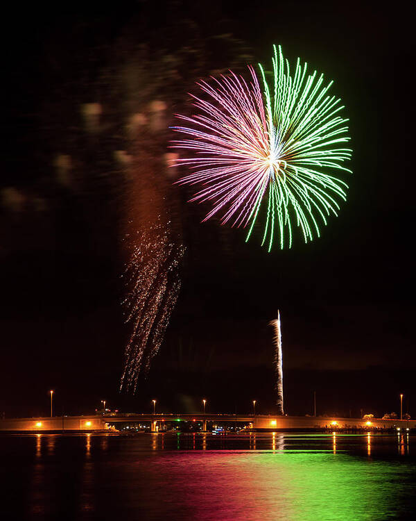 Fireworks Poster featuring the photograph Fireworks over Grand Lagoon by Daryl Clark