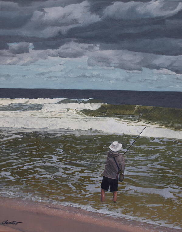 Lavallette Poster featuring the painting Fishing the surf in Lavallette, New Jersey by Barbara Barber