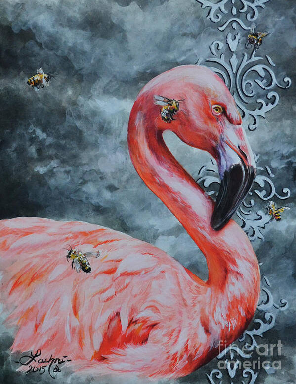 Flamingo Poster featuring the painting Flamingo and Bees by Lachri