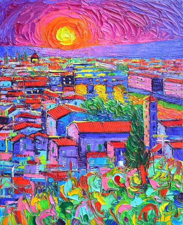 Florence Poster featuring the painting FLORENCE SUNSET OVER PONTE VECCHIO abstract city impressionism knife oil painting Ana Maria Edulescu by Ana Maria Edulescu