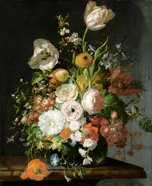 Still Life Poster featuring the painting Flowers in a Glass Vase by Rachel Ruysch