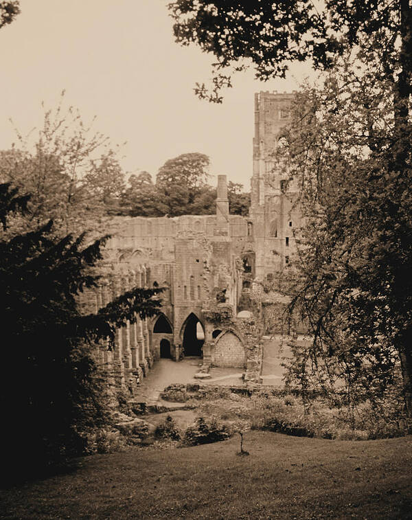 Fountains Fountain Abbey England Sepia Old Medieval Middle Ages Church Monastery Nun Nuns Architecture York Yorkshire Monasteries Aldfield Ruins Saint Century Black Death Claustral Building Cistercian Granges Cathedral Cloister Feudal Poster featuring the photograph Fountains Abbey #22 by Raymond Magnani