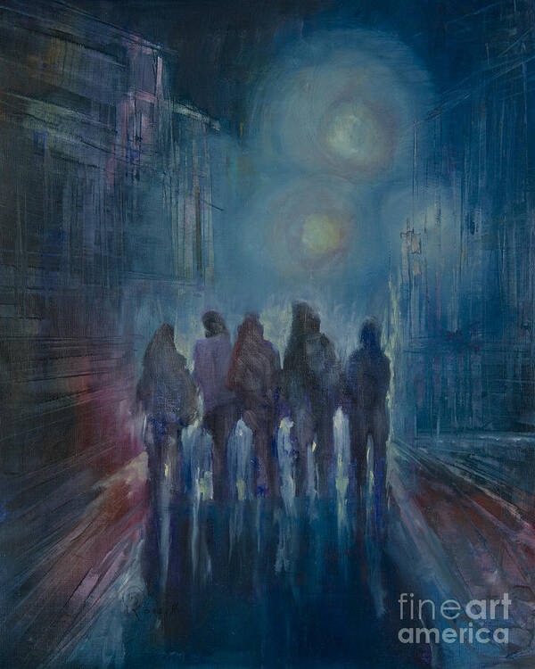 Friends Is A Night Painting Of A Group Of Five Friends Out For A Walk In The City Poster featuring the painting Friends by B Rossitto