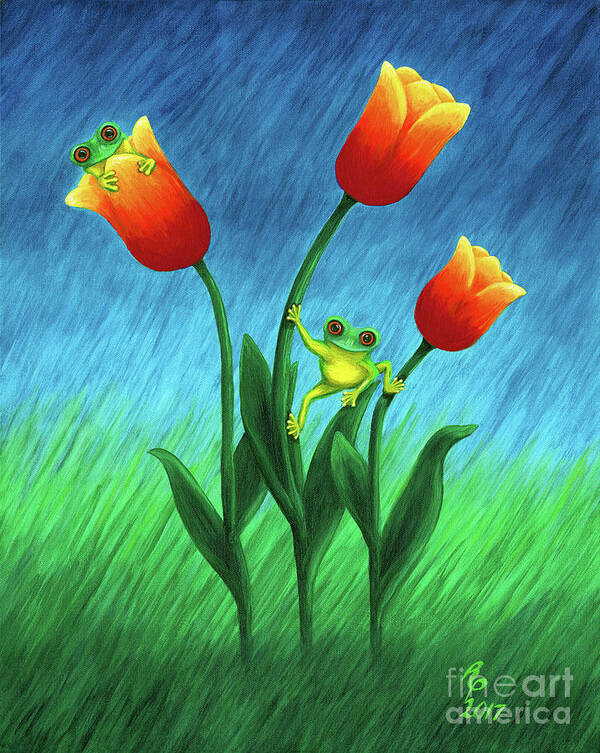 Frogs Poster featuring the painting Froggy Tulips by Rebecca Parker